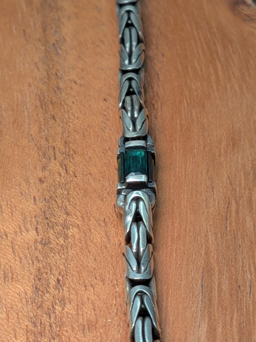 Men's Silver Chain Necklace with Dark Green Accents - Picture 2 of 6